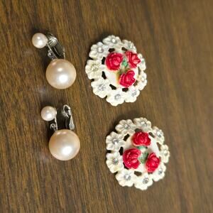 Vintage Signed Richelieu Pearl Earrings & Floral Rose Clip-On Lot